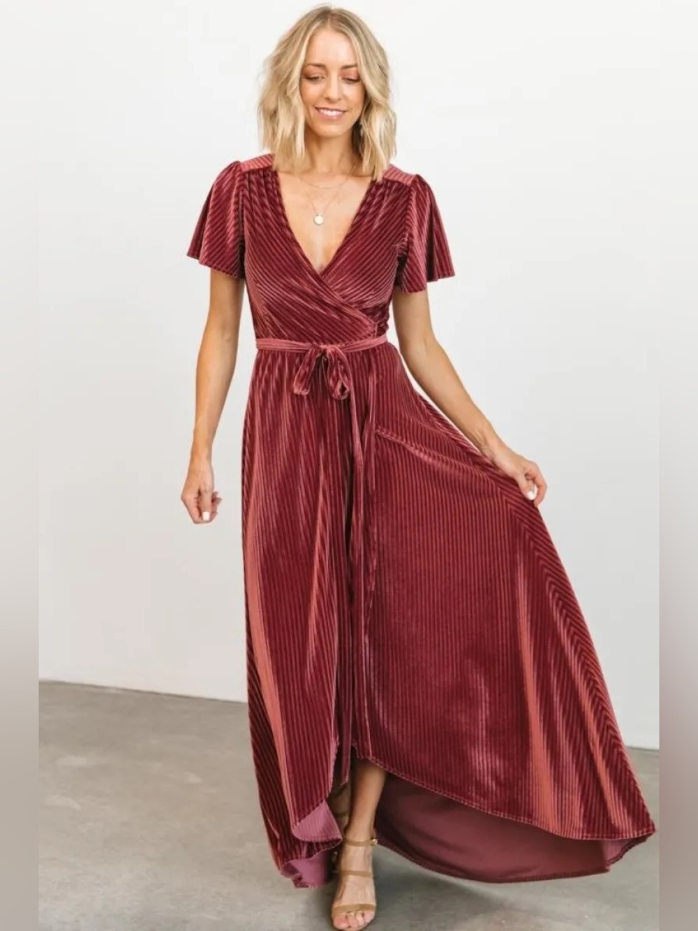 Baltic Born Dark Rose Red Velvet High-Low Wrap Maxi Dress